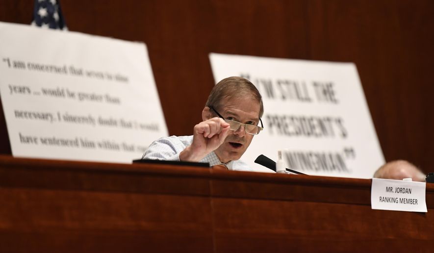 Rep. Jim Jordan, R-Ohio, speaks during a House Judiciary Committee hearing on Capitol Hill in Washington, Wednesday, June 24, 2020, on oversight of the Justice Department and a probe into the politicization of the department under Attorney General William Barr. Former Attorney General Michael Mukasey, front left, waits to testify. (AP Photo/Susan Walsh, Pool) ** FILE **