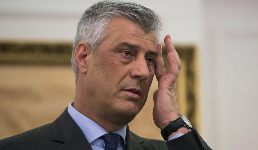 FILE - In this Monday, Jan. 21, 2019 file photo, Kosovo president Hashim Thaci gestures during a press conference in Kosovo capital Pristina. Kosovo’s president and nine other former separatist fighters were indicted on a range of crimes against humanity and war crimes charges, including murder, by a court investigating crimes against ethnic Serbs during and after Kosovo’s 1998-99 independence war with Serbia, it was reported on Wednesday, June 24, 2020. (AP Photo/Visar Kryeziu, File)