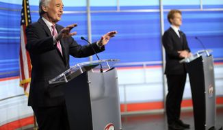 FILE — In this June 8, 2020, file photo, Sen. Edward Markey, left, D-Mass., and challenger Rep. Joseph Kennedy III, D-Mass., participate in a televised debate ahead of the Democratic primary, in East Providence, R.I. During the coronavirus pandemic, Markey missed 34 of 42 Senate votes in May and the first half of June, or about 80 percent, according to information from GovTrack, an independent clearinghouse for congressional data. (Jessica Bradley/WPRI-TV via AP, Pool, File)