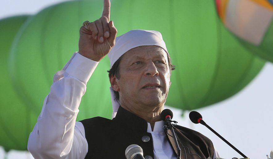FILE - In this Nov. 9, 2019 file photo, Pakistan Prime Minister Imran Khan addresses during the inauguration ceremony of Gurdwara Darbar Sahib in Kartarpur, Pakistan. Khan accused the United States on Thursday, June 25, 2020,  of having &amp;quot;martyred&amp;quot; al-Qaida leader and the mastermind of the 9/11 attacks, Osama bin Laden. (AP Photo/K.M. Chaudary,file)