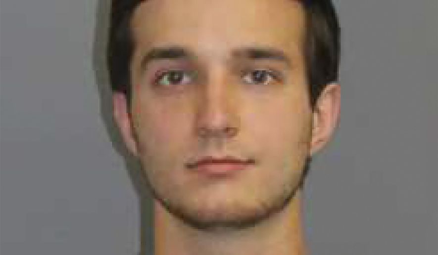 This June 24, 2020 booking photo provided by Connecticut State Police shows Alexander Hassinger, who was arrested at his Newtown home Wednesday evening on harassment and breach of peace charges. Connecticut State police said Hassinger posted a threat earlier in the day on Twitter, writing "imma kill a cop today and when they ask my why I did it, imma tell them he was acting nervous and looked at me wrong." (Connecticut State Police via AP)