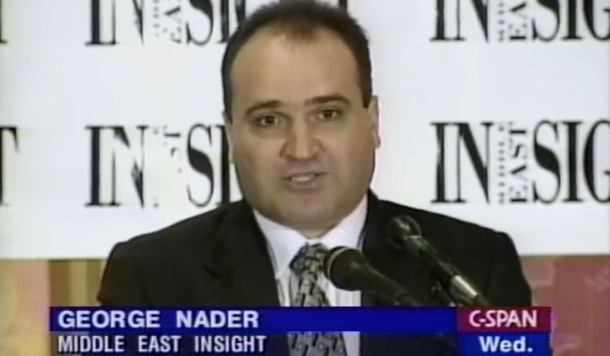 This 1998 file frame from video provided by C-SPAN shows George Nader, then-president and editor of Middle East Insight. Nader, a businessman who was a key witness in special counsel Robert Mueller&#x27;s report and who helped broker the release of American hostages, is slated to receive at least a 10-year prison sentence on child sex charges. Prosecutors in federal court in Alexandria, Va. are not seeking a longer sentence than that at the sentencing hearing on Friday, June 26, 2020 but the judge could still impose one.  (C-SPAN via AP) **FILE**