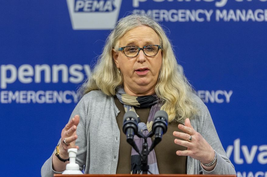 FILE - In this May 29, 2020, file photo, Pennsylvania Secretary of Health Dr. Rachel Levine, meets with the media at The Pennsylvania Emergency Management Agency (PEMA) headquarters in Harrisburg, Pa. On Friday, June 26, 2020, Levine defended her agency's handling of the COVID-19 outbreak inside the nursing homes and personal care facilities. Those cases account for almost 70% of the state's nearly 6,600 fatalities. (Joe Hermitt/The Patriot-News via AP)