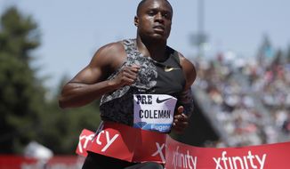 FILE - In this June 30, 2019, file photo, United States&#39; Christian Coleman wins the men&#39;s 100-meter race at the Prefontaine Classic IAAF Diamond League athletics meet in Stanford, Calif. There have been a few high-profile names in track and field making a mess of what is supposed to be a simple process of letting drug testers know where they will be for one hour each day. World champion  Coleman and Salwa Eid Naser could miss the Tokyo Games for what are known in the anti-doping world as whereabouts failures. (AP Photo/Jeff Chiu, File)