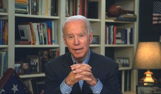 In this image from video provided by the Biden for President campaign, Democratic presidential candidate former Vice President Joe Biden speaks during a virtual press briefing Wednesday, March 25, 2020. (Biden for President via AP) ** FILE **