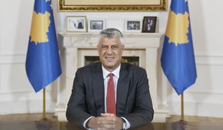 Kosovo president Hashim Thaci speaks during a televised address to the nation, in Pristina, Kosovo, Monday, June 29, 2020. Kosovo’s president on Monday denied committing war crimes during and after a 1998-1999 armed conflict between ethnic Albanian separatists and Serbia and said he would resign if the indictment is confirmed by an international war crimes court. (AP Photo/Astrit Ibrahimi)