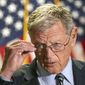 Senate Armed Services Committee Chairman James Inhofe, R-Okla., speaks to reporters following a GOP policy meeting on Capitol Hill, Tuesday, June 30, 2020, in Washington. (AP Photo/Manuel Balce Ceneta)