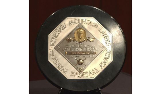 FILE - In this Jan. 22, 2006, file photo,a  Joe DiMaggio 1947 MVP Award Plaque is displayed at a news conference in New York. The plaque features the name and image of Kenesaw Mountain Landis. (AP Photo/Jennifer Szymaszek, File)  **FILE**