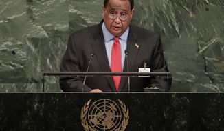 FILE - In this Sept. 23, 2017 file photo, then Sudanese Minister of Foreign Affairs Ibrahim Ghandour speaks during the 72nd session of the United Nations General Assembly, at U.N. headquarters. On Tuesday, June 30, 2020, Sudanese protesters returned to the streets to pressure transitional authorities, demanding justice for those killed in the uprising last year that led to the military’s ouster of longtime autocrat Omar al-Bashir. Ghandour, head of the now dissolved National Congress Party, was arrested Monday from his Khartoum home, the party said in a statement. (AP Photo/Julie Jacobson, File)