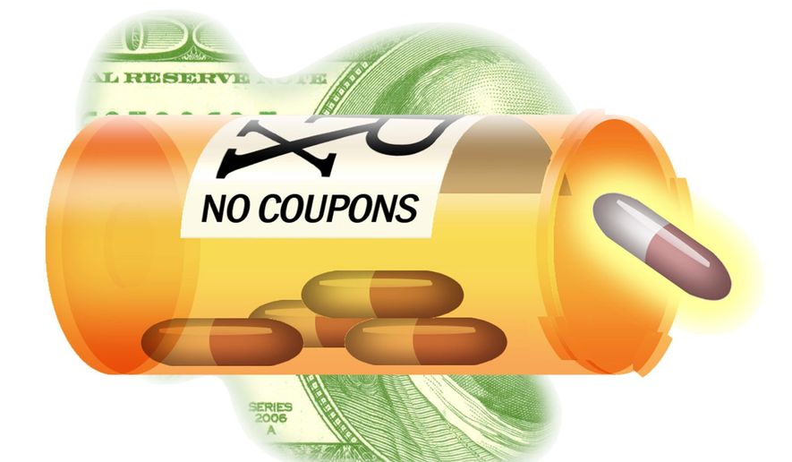 Illustration on nullification of prescription coupons by Alexander Hunter/The Washington Times