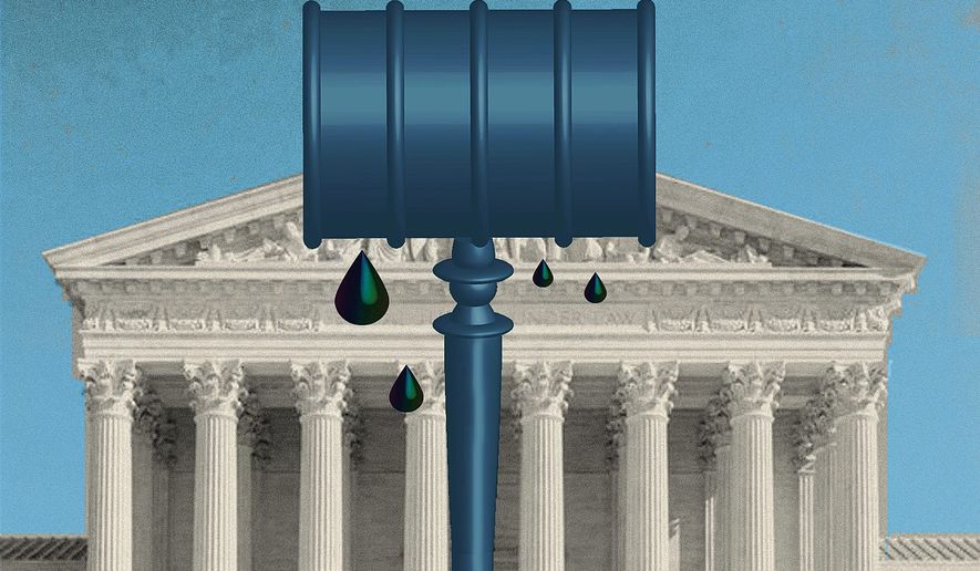 Illustration on the Supreme Court and energy policy by Linas Garsys/The Washington Times