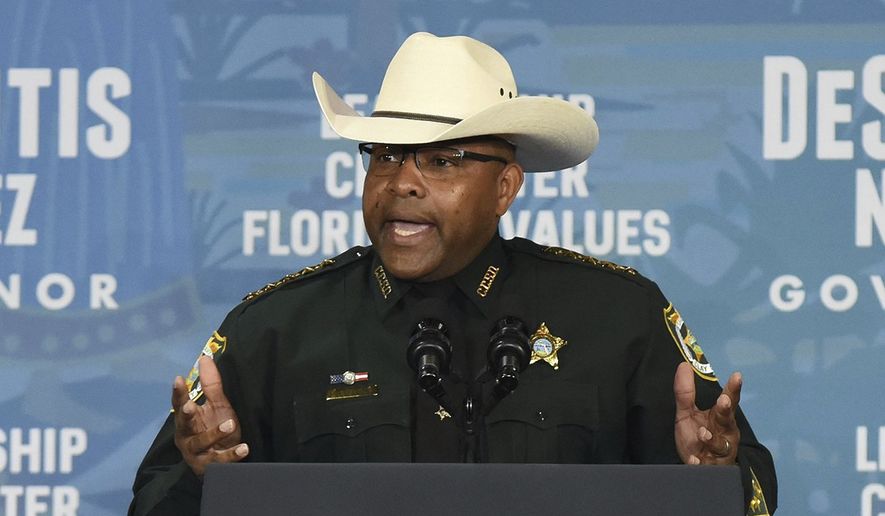 Clay County Sheriff Darryl Daniels addresses the audience from the stage as the MC at a Ron DeSantis Jacksonville rally Oct. 25, 2018. Daniels said in a three-minute video released Wednesday, July 1, 2020 that he will deputize every gun owner in his county to put down any violent protests his deputies can&#39;t handle alone. (Bob Self/The Florida Times-Union via AP)