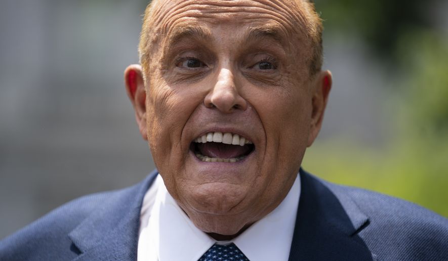 Rudy Giuliani, an attorney for President Donald Trump, talks with reporters outside the White House, Wednesday, July 1, 2020, in Washington. (AP Photo/Evan Vucci)
