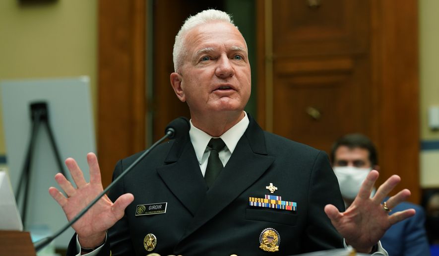 Assistant Secretary for Health Admiral Brett P. Giroir testifies before a House Select Subcommittee on the Coronavirus Crisis hearing on the response &quot;The Administration Response to Ongoing Shortages of PPE and Critical Medical Supplies&quot; on Thursday, July 2, 2020, on Capitol Hill in Washington. (Kevin Lamarque/Pool via AP)