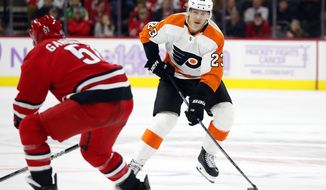 FILE - In this  Thursday, Nov. 21, 2019 file photo, Philadelphia Flyers&#39; Oskar Lindblom (23) moves the puck against Carolina Hurricanes&#39; Jake Gardiner (51) during the third period of an NHL hockey game in Raleigh, N.C. Philadelphia Flyers forward Oskar Lindblom has completed radiation treatments for a rare form of bone cancer.  He rang the bell at Abramson Cancer Center at Pennsylvania Hospital, which signifies that he has completed his radiation treatments. The 23-year-old Lindblom was diagnosed in December with Ewing’s sarcoma, a cancerous tumor that grows in the bones or in the tissue around bones.  Lindblom says he&#39;s grateful the cancer was caught early and he&#39;s happy to be alive. (AP Photo/Karl B DeBlaker, File)