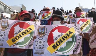 Demonstrators wearing masks amid the new coronavirus pandemic protest demanding that the government authorize the reopening of small businesses, in La Paz, Bolivia, Wednesday, June 17, 2020. (AP Photo/Juan Karita)