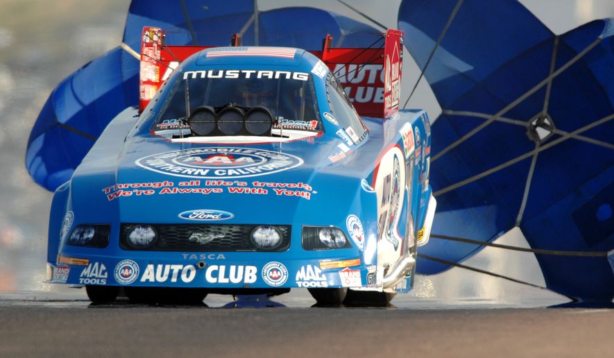 Auto Club of Southern California Ford Mustang grabbed the provisional number one qualifying spot in Funny Car after the first day of qualifying on Friday, July 13, 2007 at the 28th annual Mopar Mile-High NHRA Nationals at Bandimere Speedway in Morrison, Colorado. (AP Photo/Auto Imagery, HO)