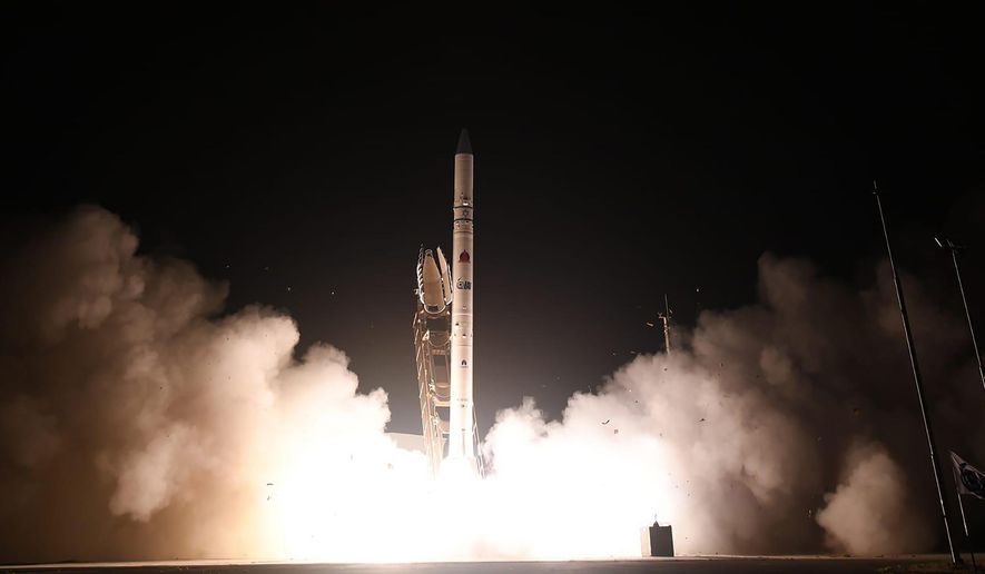 In this photo released by Israel Ministry of Defense Spokesperson&#x27;s Office, the &amp;quot;Ofek 16&amp;quot; reconnaissance satellite blasts off at the Palmachim air base in central Israel Monday, July 6, 2020. The new satellite, which quickly entered orbit, joins a collection of spy satellites that Israel has deployed in recent years. (Israel Ministry of Defense Spokesperson&#x27;s Office via AP)