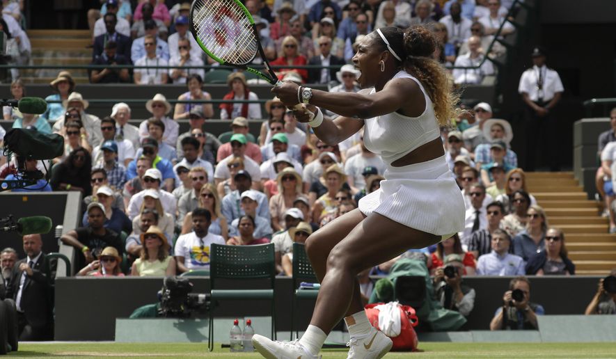 FILE - In this July 8, 2019, file photo, United States' Serena Williams returns the ball to Spain's Carla Suarez Navarro in a women's singles match during day seven of the Wimbledon Tennis Championships in London. After the traditional middle Sunday off, Wimbledon would have resumed this week with what some consider the most exciting day of tennis: The second Monday, when all 16 men’s and women’s singles matches in the fourth round are scheduled. Of the 19 times Williams has entered Wimbledon, she reached Week 2 of the fortnight on 16 occasions; that includes seven of her 23 Grand Slam singles trophies and another four runner-up finishes, including in 2018 and 2019. (AP Photo/Kirsty Wigglesworth, File)
