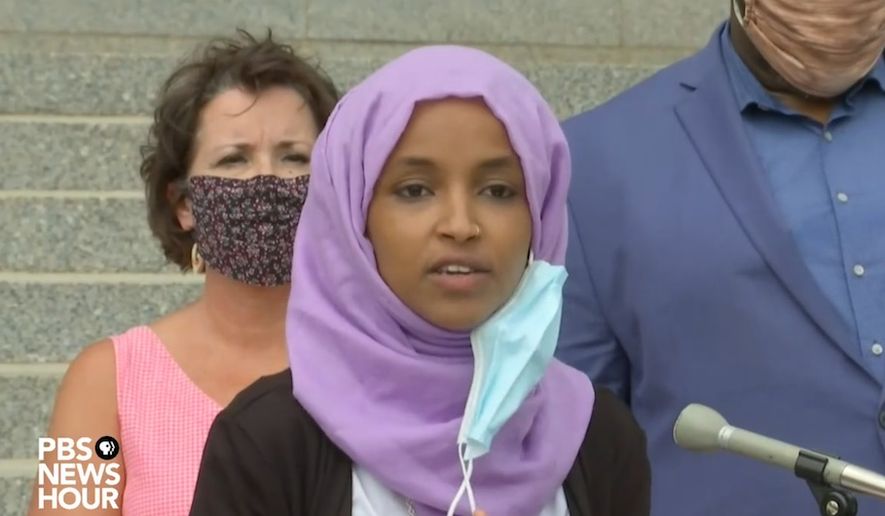 Rep. Ilhan Omar discusses her plans to &quot;tear down&quot; various systems within the U.S. due to linked &quot;oppression&quot; found within all of them. The Minnesota Democrat talked about the economy, education, housing, and the criminal justice system that all needed to be dismantled,  July 7, 2020. (Image: PBS News Hour video screenshot)