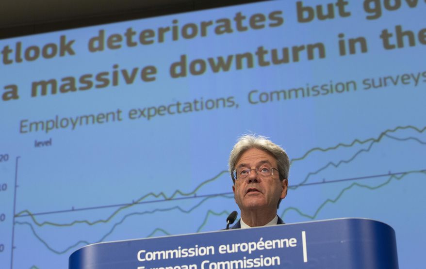European Commissioner for Economy Paolo Gentiloni speaks during a media conference on the summer 2020 economic forecast at EU headquarters in Brussels, Tuesday, July 7, 2020. (AP Photo/Virginia Mayo, Pool)