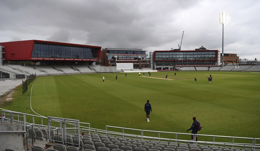 A general view of the field during day three of a West Indies Warm Up match at Old Trafford in Manchester, England, Wednesday July 1, 2020. England are scheduled to play West Indies in their first international Test match on July 8-12. (Gareth Copley/Agency Pool via AP)