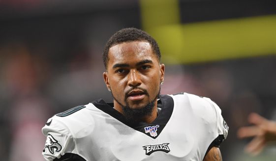 In this Sept. 15, 2019, file photo, Philadelphia Eagles wide receiver DeSean Jackson (10) warms up before an NFL football game against the Atlanta Falcons, in Atlanta.  (AP Photo/John Amis, File) **FILE**