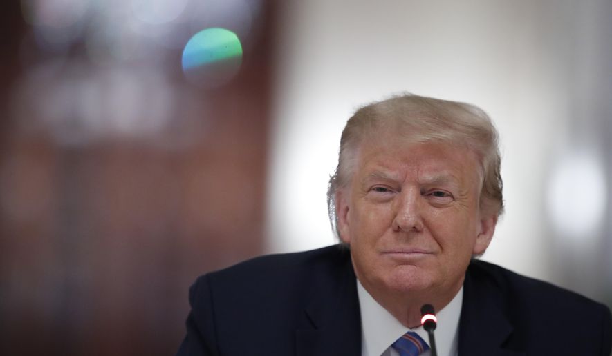 President Donald Trump speaks during a 'National Dialogue on Safely Reopening America's Schools' event in the East Room of the White House, Tuesday, July 7, 2020, in Washington. (AP Photo/Alex Brandon)