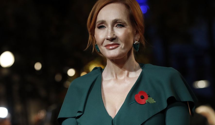 In this Thursday, Nov. 8, 2018, file photo, writer J.K. Rowling poses for the media at the world premiere of the film &quot;Fantastic Beasts: The Crimes of Grindelwald&quot; in Paris. Dozens of artists, writers and academics have signed an open letter decrying the weakening of public debate, it was announced Wednesday, July 8, 2020, warning that the free exchange of information and ideas is in jeopardy. (AP Photo/Christophe Ena, file)