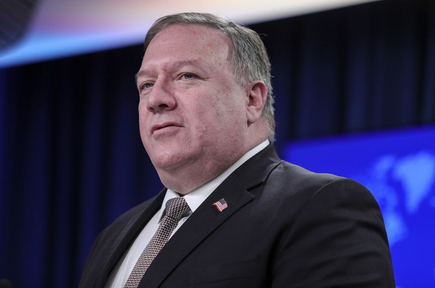 Secretary of State Mike Pompeo speaks during a news conference at the State Department in Washington, Wednesday, July 8, 2020. (Tom Brenner/Pool via AP)