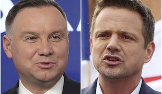 This combination of photos shows candidates in Poland&#39;s presidential election, Warsaw Mayor Rafal Trzaskowski, right, and Poland&#39;s President Andrzej Duda. The two candidates are heading into a razor&#39;s-edge presidential runoff election Sunday, July 12, 2020, that is seen as an important test of populism in Europe after a campaign that exacerbated a conservative-liberal divide in the country. (AP Photo/Czarek Sokolowski)