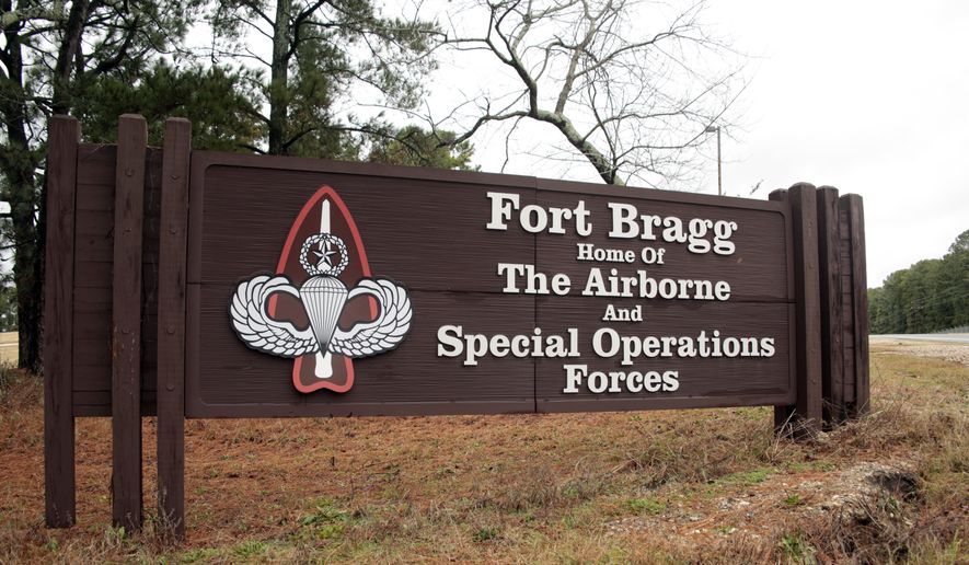 In this Jan. 4, 2020, file photo a sign for at Fort Bragg, N.C., is shown. Ft. Bragg is among a number of military installations that could soon undergo a name change as the Pentagon works to rename facilities that honor Confederate military figures. (AP Photo/Chris Seward, File) ** FILE **