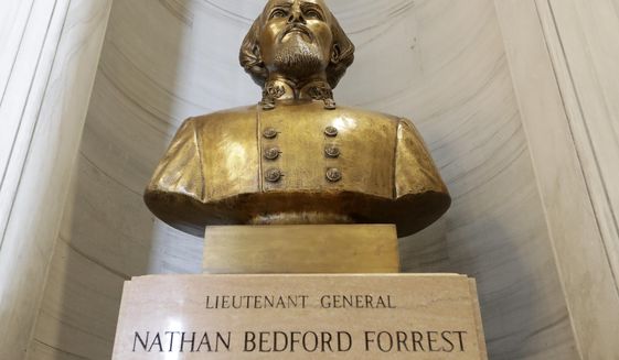 The bust of Nathan Bedford Forrest is displayed in the state capitol Wednesday, July 1, 2020, in Nashville, Tenn. Gov. Bill Lee announced Wednesday that a state panel that has the authority to help remove the bust of the former Confederate general and early leader of the Ku Klux Klan will take up the issue next week. (AP Photo/Mark Humphrey)