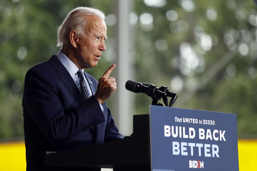 Democratic presidential candidate former Vice President Joe Biden speaks at McGregor Industries in Dunmore, Pa., Thursday, July 9, 2020. (AP Photo/Matt Slocum)