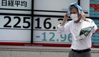 A man walks in the rain past an electronic stock board showing Japan&#39;s Nikkei 225 index at a securities firm in Tokyo Friday, July 10, 2020. Asian stock markets followed Wall Street lower Friday on worries economic improvements might fade as coronavirus cases increase in the United States and some other countries. (AP Photo/Eugene Hoshiko)