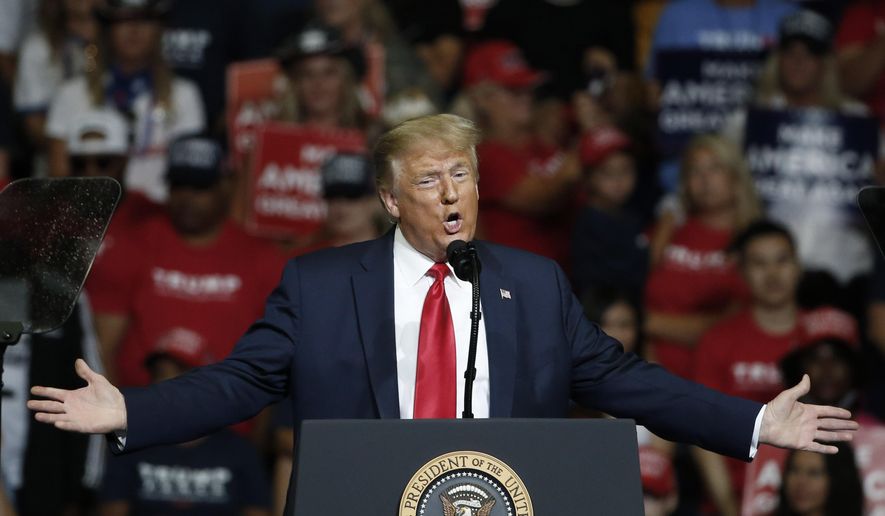 In this June 20, 2020, file photo, President Donald Trump speaks during a campaign rally in Tulsa, Okla. Trump’s reelection bid will take baby steps back out onto the road in the coming days after a multi-week hiatus that came amid a massive surge in coronavirus cases across much of the nation and after the debacle of his planned comeback in Oklahoma. (AP Photo/Sue Ogrocki, File)