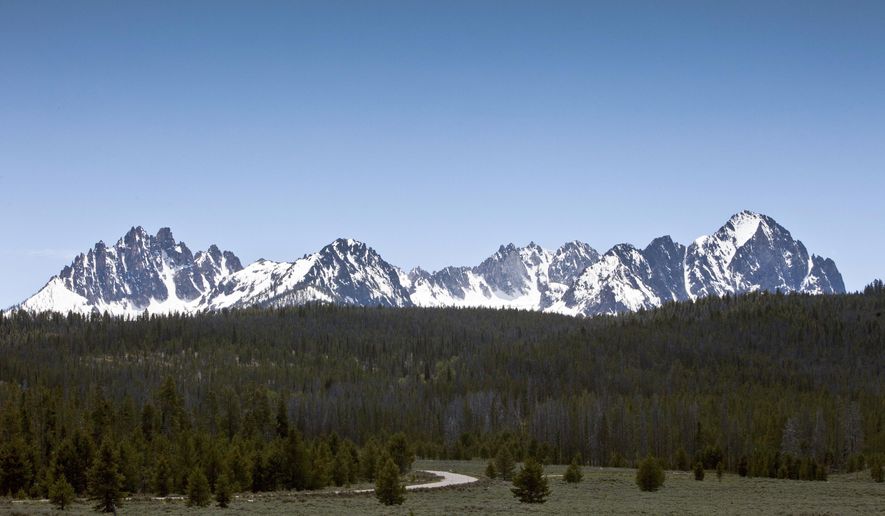 FILE - This June 1, 2012 file photo, shows the Sawtooth National Recreation Area near Stanley, Idaho. The U.S. Department of Justice has dropped its request asking a federal judge to prohibit an Idaho man from flying his helicopter near work crews building a public trail on an easement crossing private land in central Idaho. (Darin Oswald/Idaho Statesman via AP, File)