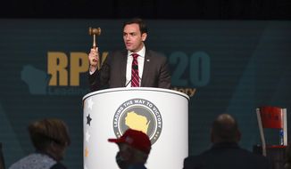 In this file photo, U.S. Rep. Mike Gallagher speaks to the crowd during the annual Republican Party of Wisconsin State Convention, Saturday, July 11, 2020, at KI Convention Center in Green Bay, Wis. (Ebony Cox/The Post-Crescent via AP)  **FILE**