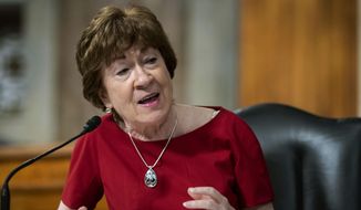 In this June 30, 2020, file photo, Sen. Susan Collins, R-Maine, speaks during a Senate Health, Education, Labor and Pensions Committee hearing on Capitol Hill in Washington.  (Al Drago/Pool via AP, File)  **FILE**