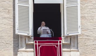 Pope Francis delivers his message after the Angelus noon blessing from the window of his studio overlooking St. Peter&#39;s Square at the Vatican, Sunday, July 12, 2020. In a very brief, improvised remark, Pope Francis, speaking from his studio window overlooking St. Peter&#39;s Square, said he is “deeply pained” over the decision by Turkey to change the status of Hagia Sophia, which had originally been built as a Christian cathedral, from that of a museum in Istanbul to a mosque.  (AP Photo/Alessandra Tarantino)