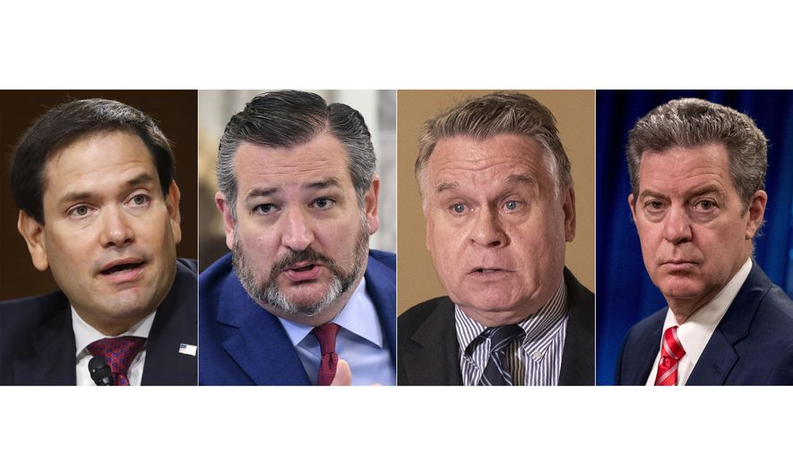 This combination of the 2020 file photos shows, from left to right; Sen. Marco Rubio, R-Fla. in Washington on May 5, Sen. Ted Cruz, R-Texas in Washington on June 24, Rep. Chris Smith, R-N.J., in Washington on June 2, Sam Brownback, ambassador at large for International Religious Freedom, in Washington on June 10. China on Monday, July 13, said it will ban entry to U.S. Sens. Rubio and Cruz, Representative Smith and Ambassador for Religious Freedom Brownback over their criticism of the ruling Communist Party's policies toward minority groups and people of faith. (AP Photo)