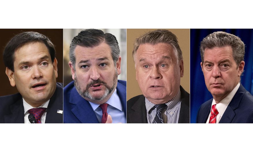 This combination of the 2020 file photos shows, from left to right; Sen. Marco Rubio, R-Fla. in Washington on May 5, Sen. Ted Cruz, R-Texas in Washington on June 24, Rep. Chris Smith, R-N.J., in Washington on June 2, Sam Brownback, ambassador at large for International Religious Freedom, in Washington on June 10. China on Monday, July 13, said it will ban entry to U.S. Sens. Rubio and Cruz, Representative Smith and Ambassador for Religious Freedom Brownback over their criticism of the ruling Communist Party's policies toward minority groups and people of faith. (AP Photo)