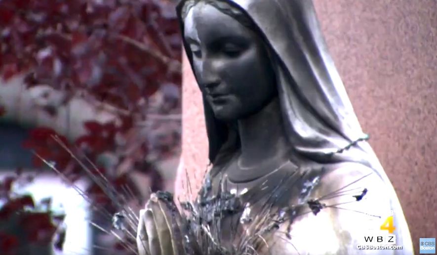 A statue of the Virgin Mary was vandalized at St. Peter&#39;s Church in Dorchester, Massachusetts, July 12, 2020. (Image: CBS-4 Boston video screenshot) 