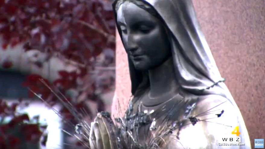 A statue of the Virgin Mary was vandalized at St. Peter's Church in Dorchester, Massachusetts, July 12, 2020. (Image: CBS-4 Boston video screenshot)