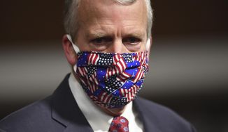 FILE - In this May 7, 2020, file photo, Sen, Dan Sullivan, R-Ark., wears a mask at a hearing in Washington. Protesters in Alaska carrying a banner and a caribou heart interrupted a campaign event for Sullivan who is seeking reelection. The Anchorage Daily News reported the small group of protesters were restrained and escorted out by staff and attendees at Sullivan&#39;s campaign launch event in a hangar near Ted Stevens Anchorage International Airport, Saturday, July 11. (Kevin Dietsch/Pool via AP, File)
