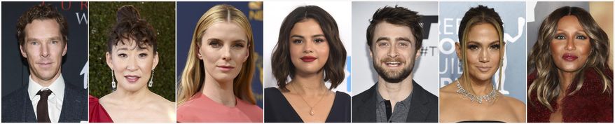 In this combination photo of celebrities with birthdays from July xx to xx, Benedict Cumberbatch, from left, attends the premiere of "The Current War: Director's Cut" in New York, Sandra Oh arrives at the 25th annual Screen Actors Guild Awards on Jan. 27, 2019, in Los Angeles, Betty Gilpin arrives at the 70th Primetime Emmy Awards on Sept. 17, 2018 in Los Angeles, Selena Gomez arrives at WE Day California on April 19, 2018, in Inglewood, Calif., Daniel Ratcliffe attends the Turner Networks Upfront on May 16, 2018, in New York, Jennifer Lopez arrives at the 26th annual Screen Actors Guild Awards on Jan. 19, 2020, in Los Angeles and Iman attends the Broadway opening night of "West Side Story" on Feb. 20, 2020, in New York. (AP Photo)