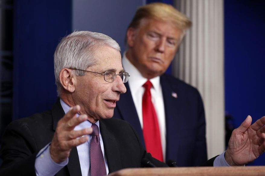 In this April 22, 2020, photo, President Donald Trump watches as Dr. Anthony Fauci, director of the National Institute of Allergy and Infectious Diseases, speaks about the coronavirus in the James Brady Press Briefing Room of the White House in Washington. (AP Photo/Alex Brandon) **FILE**