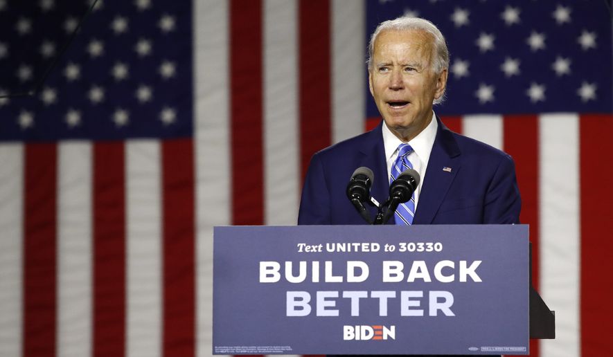 Democratic presidential candidate and former Vice President Joe Biden speaks during a campaign event, Tuesday, July 14, 2020, in Wilmington, Del. (AP Photo/Patrick Semansky)