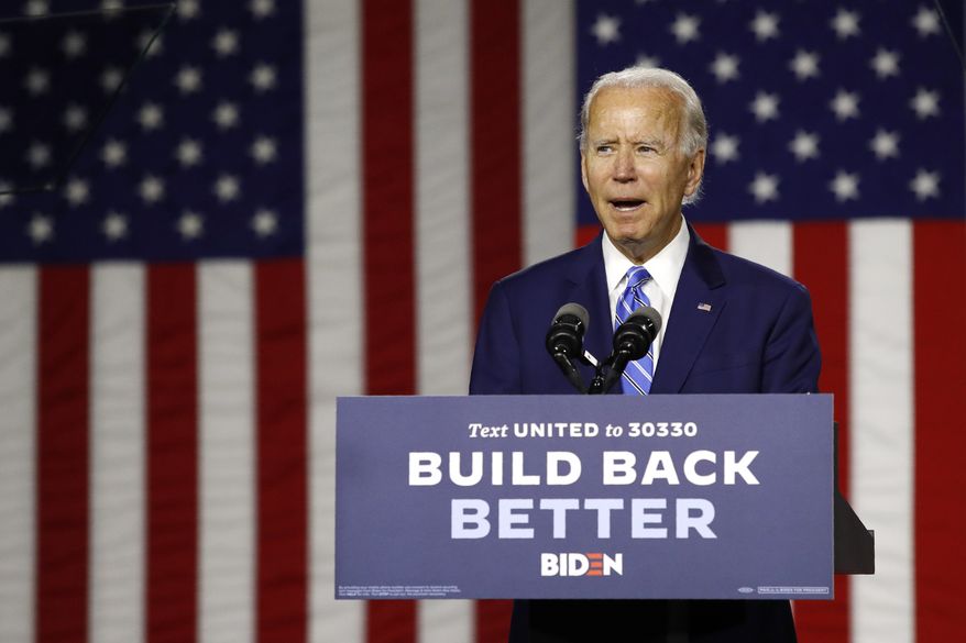 Democratic presidential candidate and former Vice President Joe Biden speaks during a campaign event, Tuesday, July 14, 2020, in Wilmington, Del. (AP Photo/Patrick Semansky)