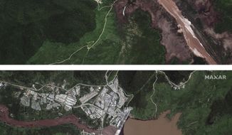 This combination image made from satellite images taken on Friday, June 26, 2020, above, and Sunday, July 12, 2020, below, shows the Grand Ethiopian Renaissance Dam on the Blue Nile river in the Benishangul-Gumuz region of Ethiopia. New satellite imagery shows the reservoir behind Ethiopia&#x27;s disputed hydroelectric dam beginning to fill, but an analyst says it&#x27;s likely due to seasonal rains instead of government action. (Maxar Technologies via AP)